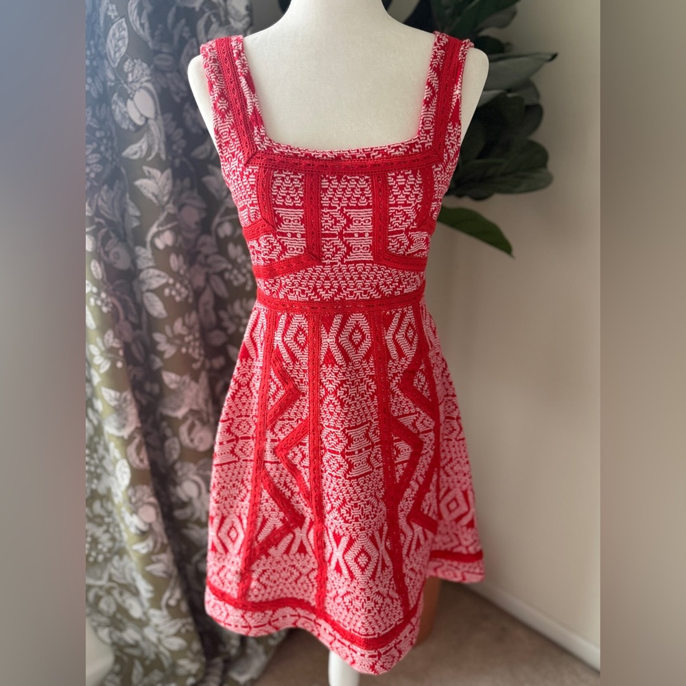 Anthropologie Red and White Patterned Sleeveless Knit Mini Dress